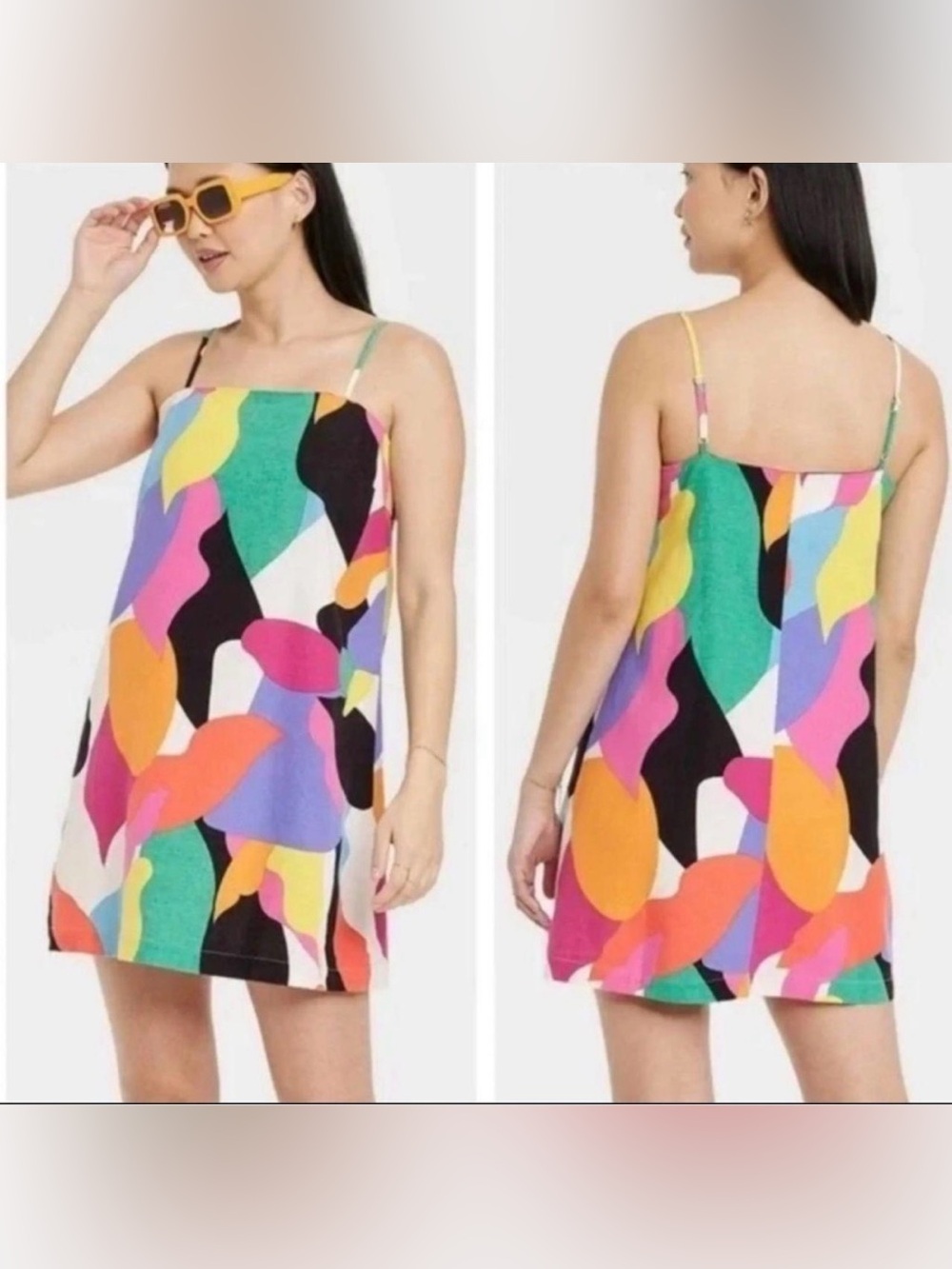 A New Day Linen-Blend Dress Womens  L .Colorful Abstract Mini Shift Mod Artsy